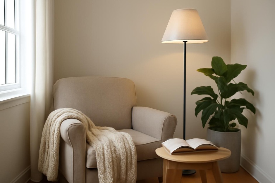 Cozy compact reading nook with a chair, blanket, lamp, and plant