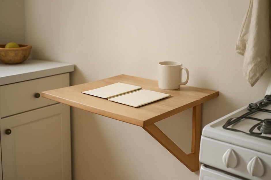 A small fold-down wooden wall table mounted in a compact kitchen, folded down with a cup and notebook