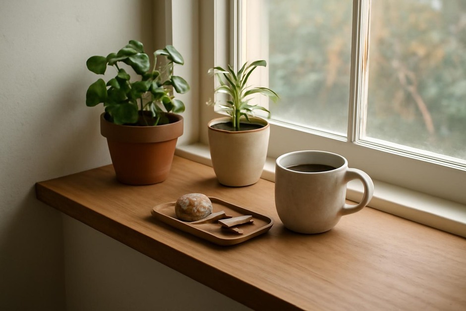 Wooden window ledge holding potted plants, a mug, and a small tray of craft tools